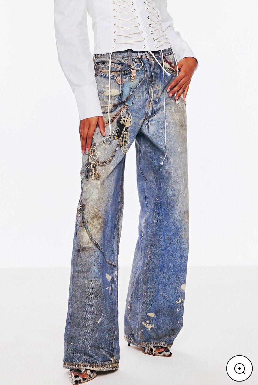 NWT Innovare Denim Ansley Chain Print Barrel Wide Leg Distressed Size Small